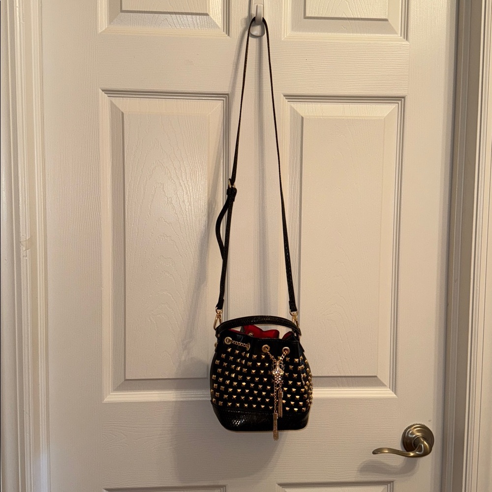 Aldo Black and Gold Snake Studded Bucket Bag with Crossbody Strap - Picture 8 of 12